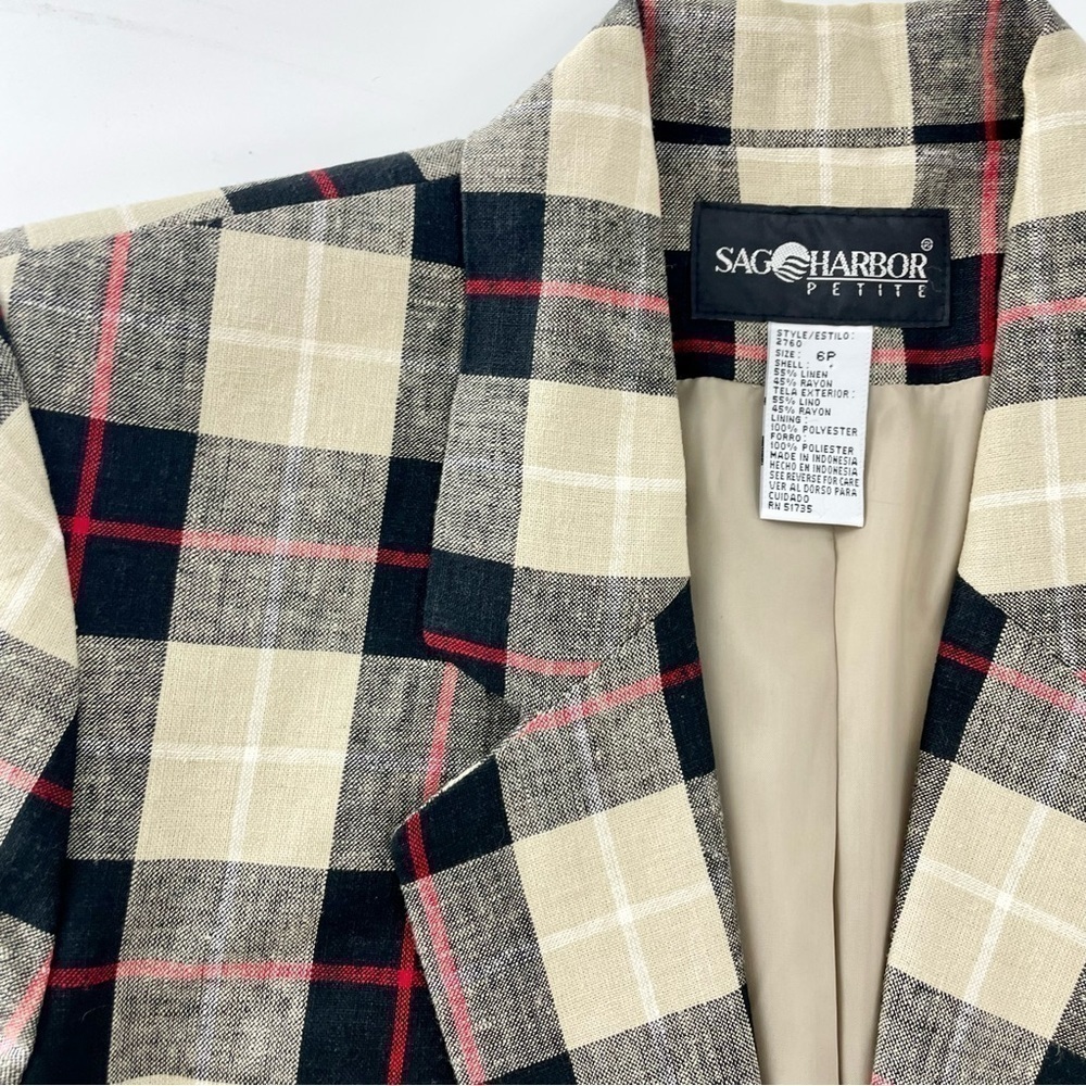 SAG HARBOR plaid‎ vintage Linen Neutral Check Plaid Retro Long Line Blazer 6P - Picture 5 of 11